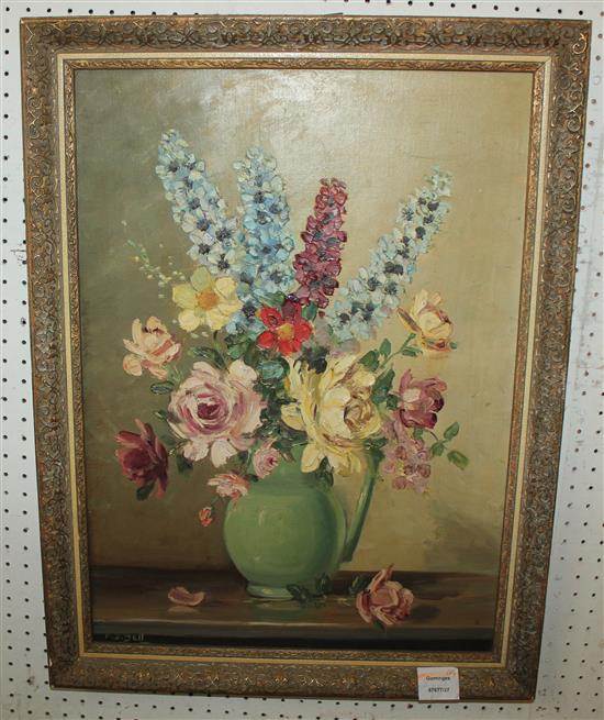 A D Bell, oil on canvas, Floral still life, 56 x 40cm